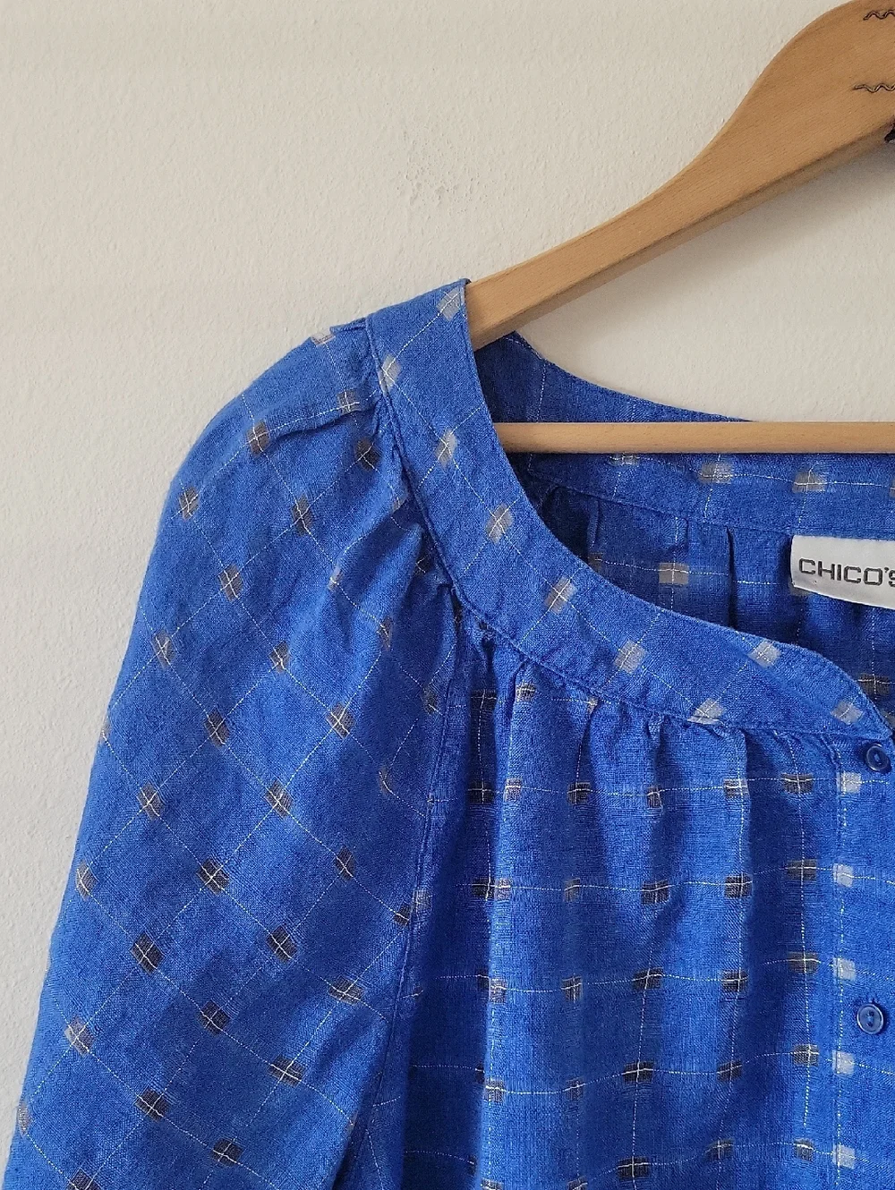Chico's Blue Linen Windowpane Button Down Tunic Shirt Size XL
